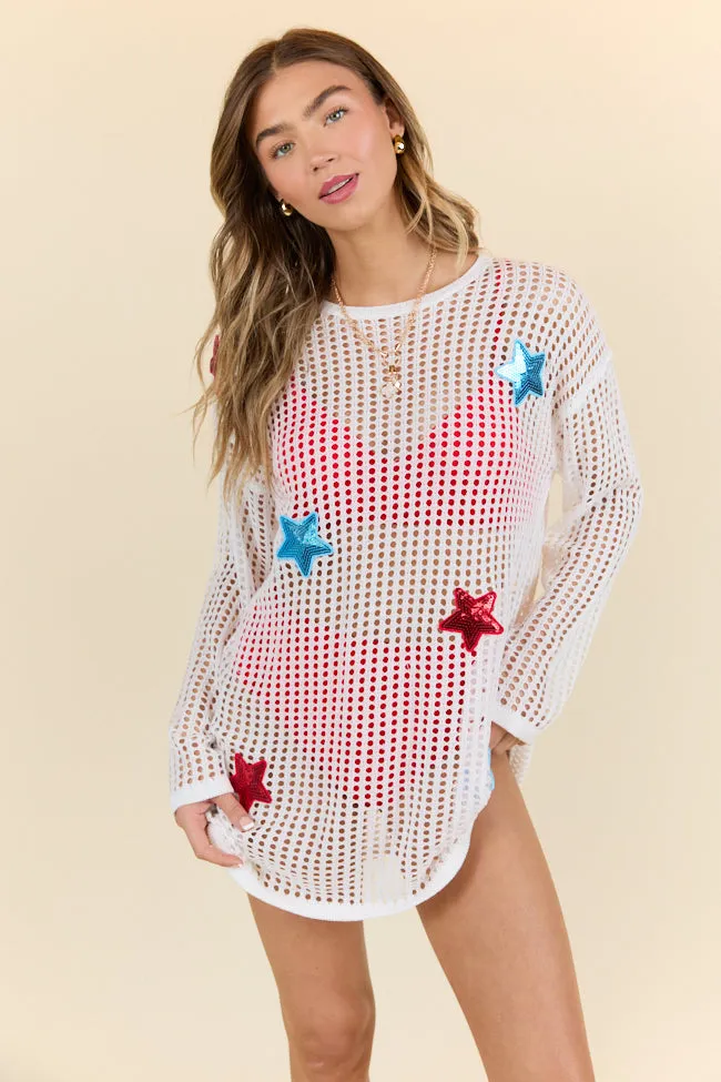 Starry Shores White Open Knit Tunic Coverup PINK LILY