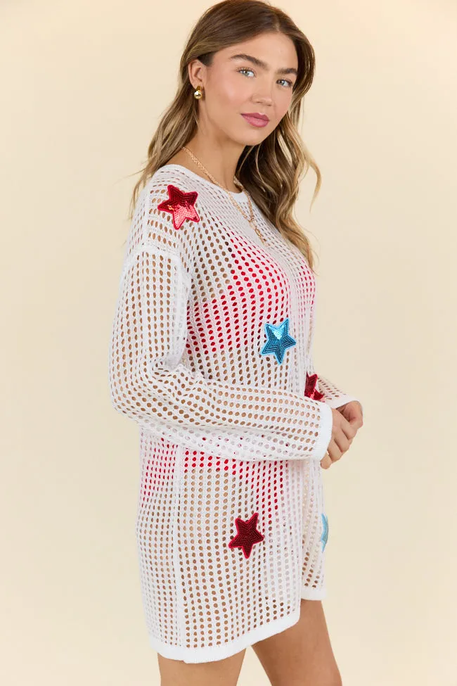 Starry Shores White Open Knit Tunic Coverup PINK LILY