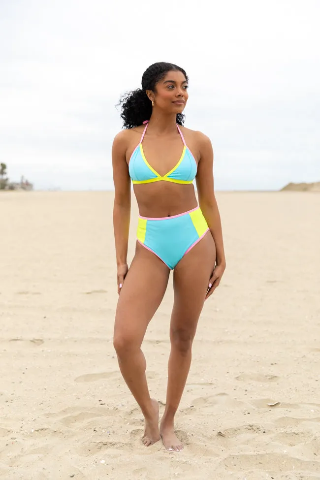 Sunny Coast Blue Colorblock High Waisted Bikini Bottom SALE PINK LILY