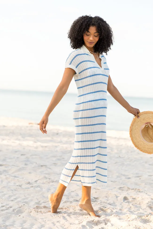 Sunset Sail Blue Striped Knit Coverup Midi Dress PINK LILY