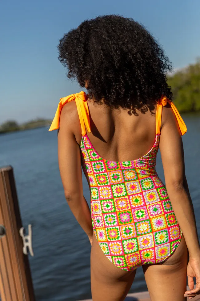 Sweet Life Multi Tie Strap Crochet Print One Piece Swimsuit PINK LILY