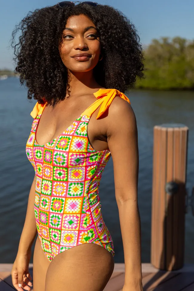 Sweet Life Multi Tie Strap Crochet Print One Piece Swimsuit PINK LILY