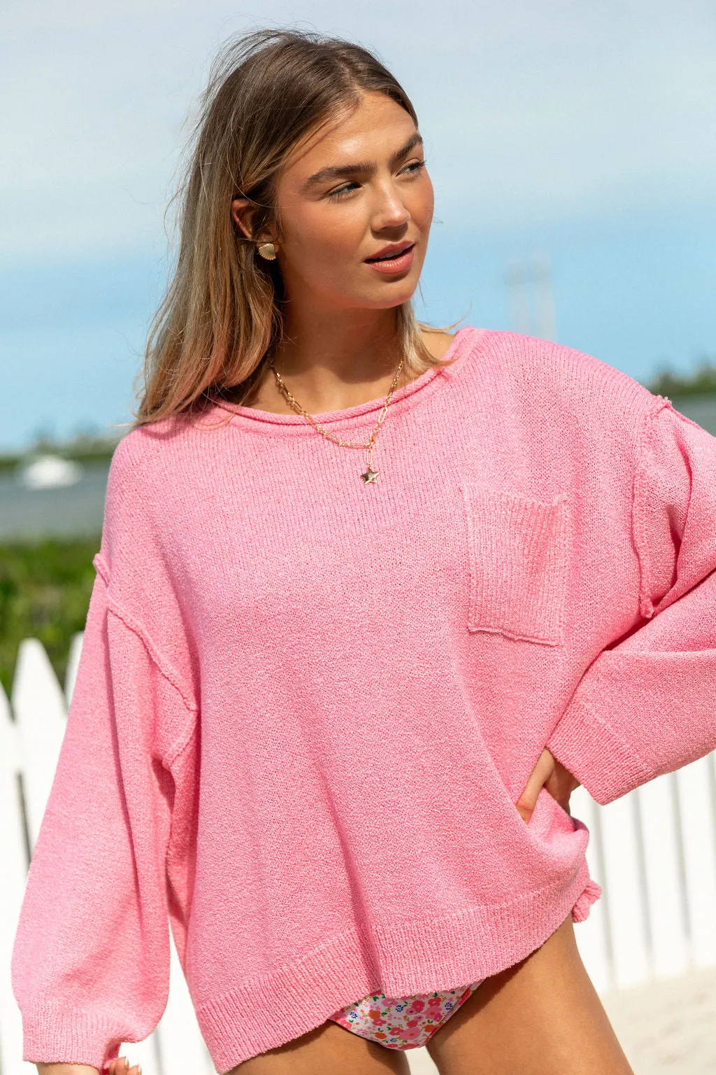 Tell Me Everything Cotton Candy Oversized Pocketed Light Weight Sweater SALE PINK LILY