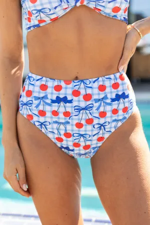 Tied With Liberty Cherry Print High Waisted Bikini Bottoms PINK LILY