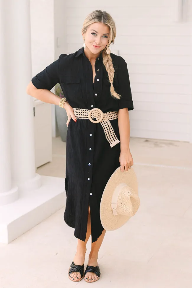 Time Heals Black Gauze Button Up Cover Up Dress SALE PINK LILY