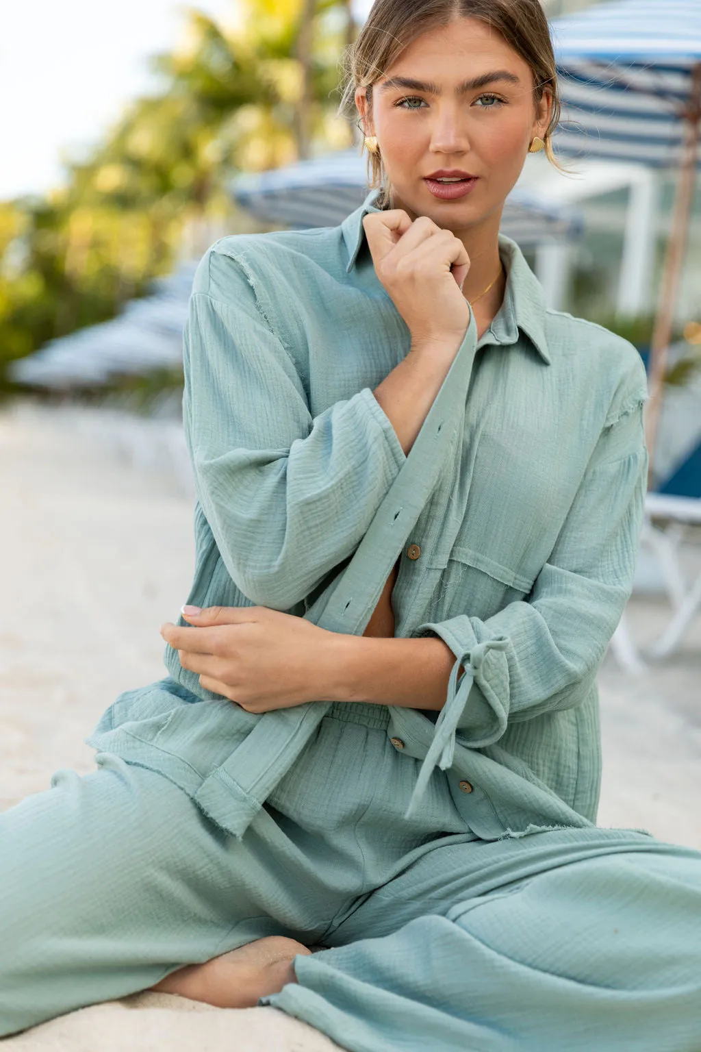 Warmer Weather Sage Gauze Button Down Top SALE PINK LILY