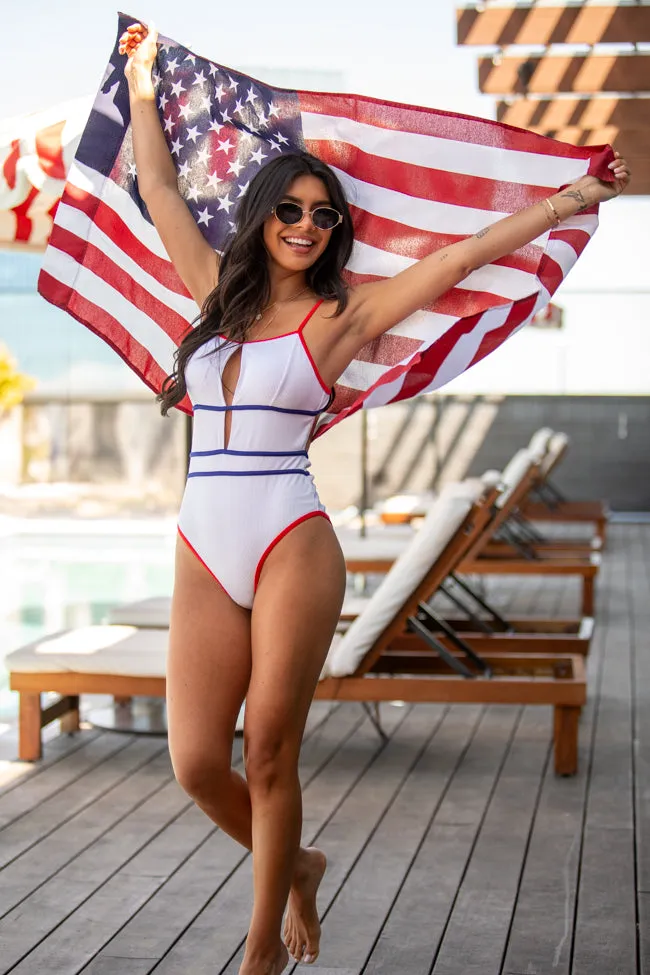 Wave Of Liberty White Ribbed Key Hole One Piece Swimsuit PINK LILY