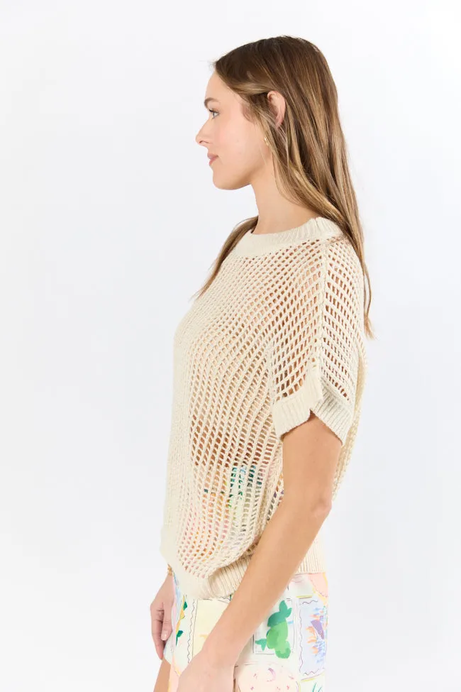 Wave Of Relief Beige Short Sleeve Open Knit Cover Up Sweater PINK LILY