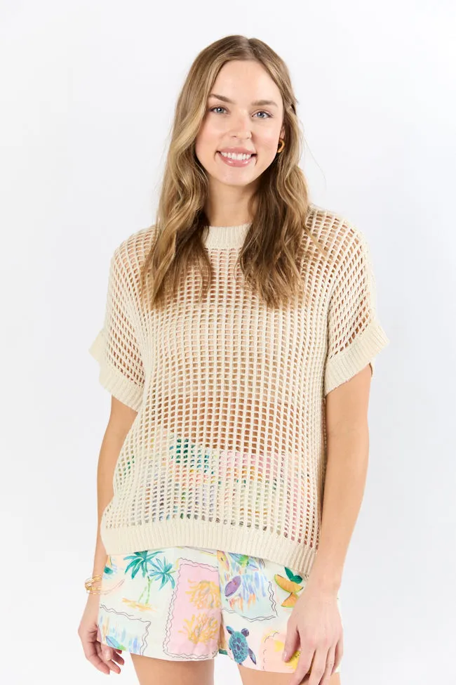 Wave Of Relief Beige Short Sleeve Open Knit Cover Up Sweater PINK LILY