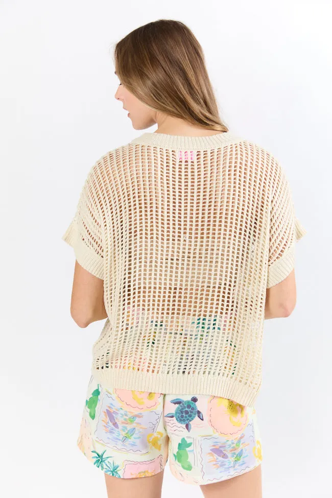 Wave Of Relief Beige Short Sleeve Open Knit Cover Up Sweater PINK LILY