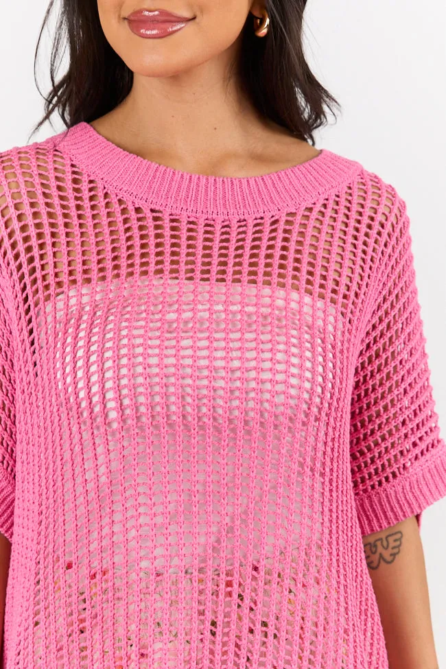 Wave Of Relief Pink Short Sleeve Open Knit Cover Up Sweater PINK LILY