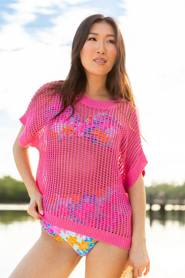 Wave Of Relief Pink Short Sleeve Open Knit Cover Up Sweater PINK LILY