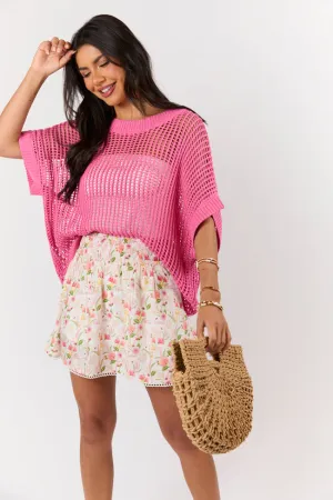 Wave Of Relief Pink Short Sleeve Open Knit Cover Up Sweater PINK LILY