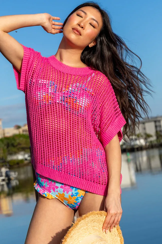 Wave Of Relief Pink Short Sleeve Open Knit Cover Up Sweater PINK LILY