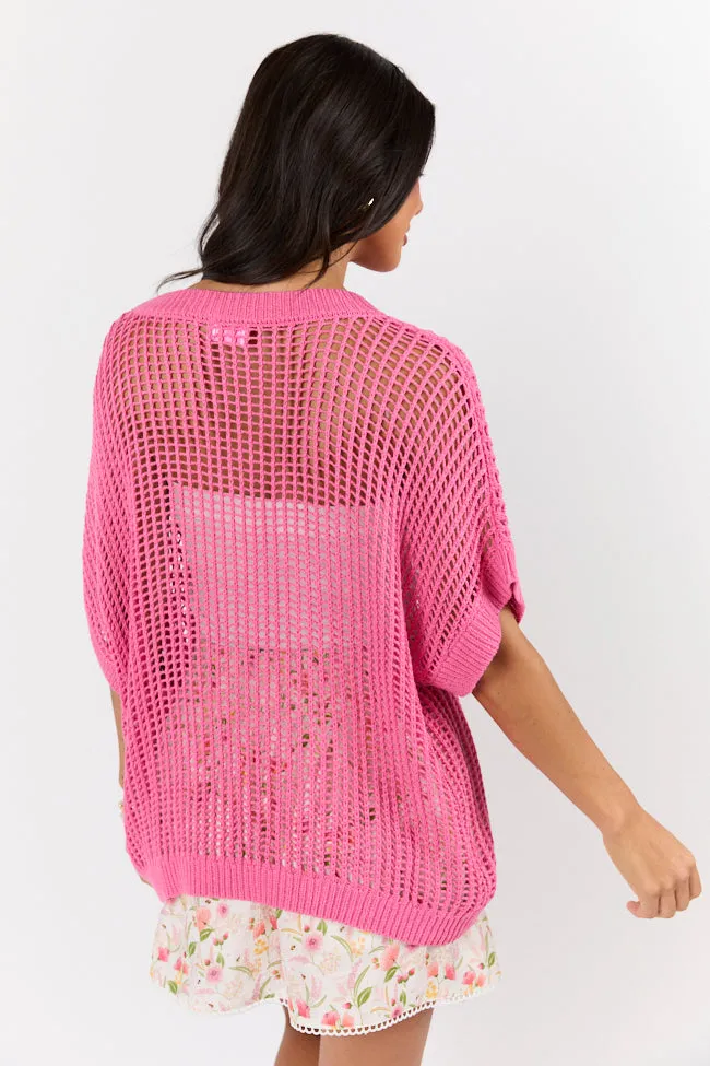 Wave Of Relief Pink Short Sleeve Open Knit Cover Up Sweater PINK LILY