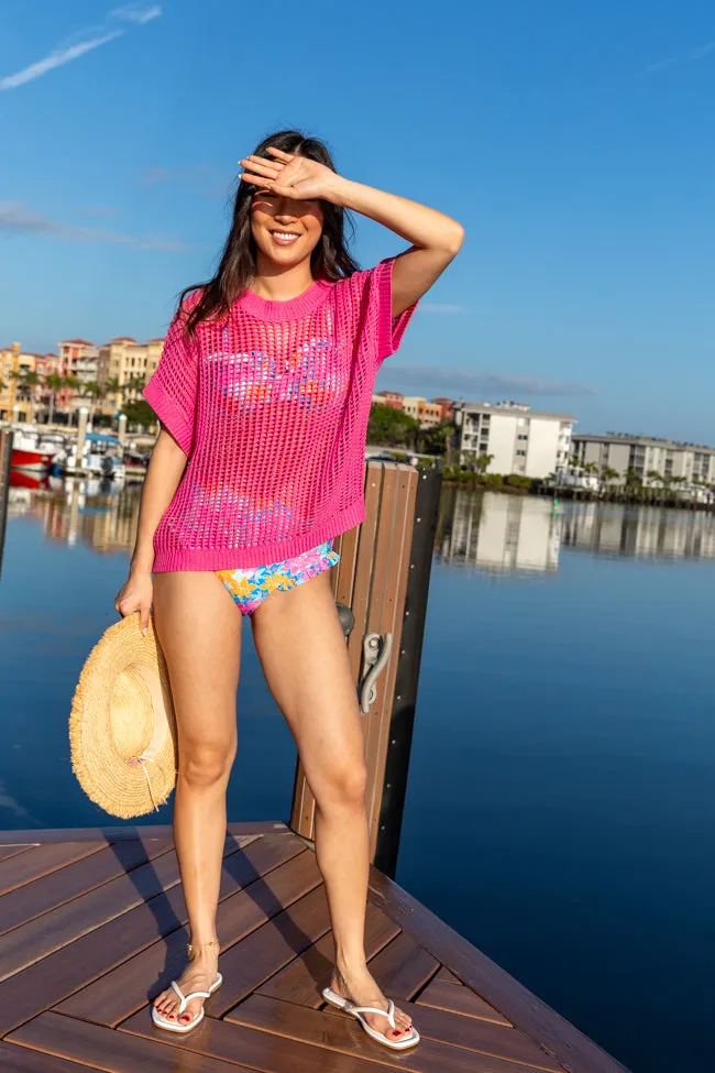 Wave Of Relief Pink Short Sleeve Open Knit Cover Up Sweater PINK LILY