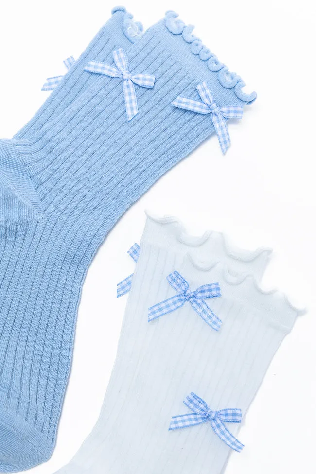 White and Blue Gingham Bow Sock Set PINK LILY