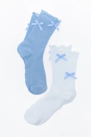 White and Blue Gingham Bow Sock Set PINK LILY