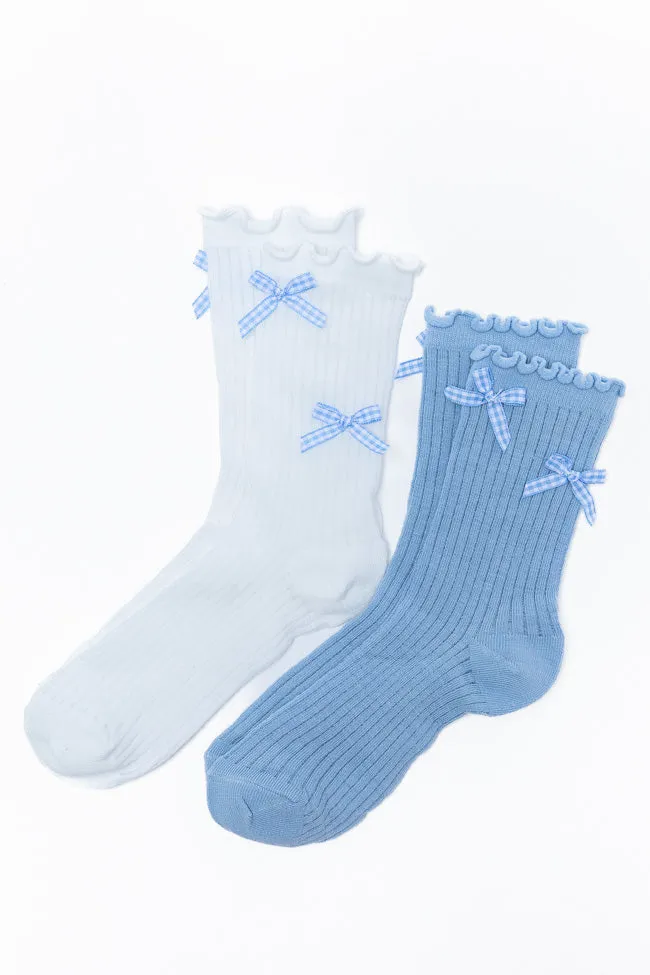 White and Blue Gingham Bow Sock Set PINK LILY