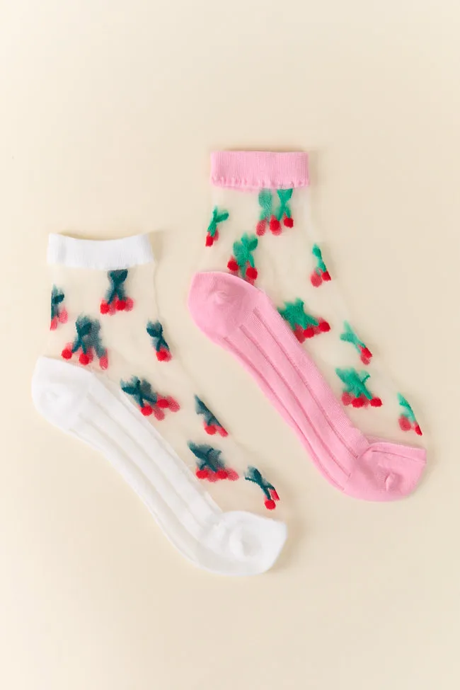 White Sheer Cherry Socks PINK LILY