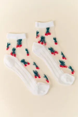 White Sheer Cherry Socks PINK LILY