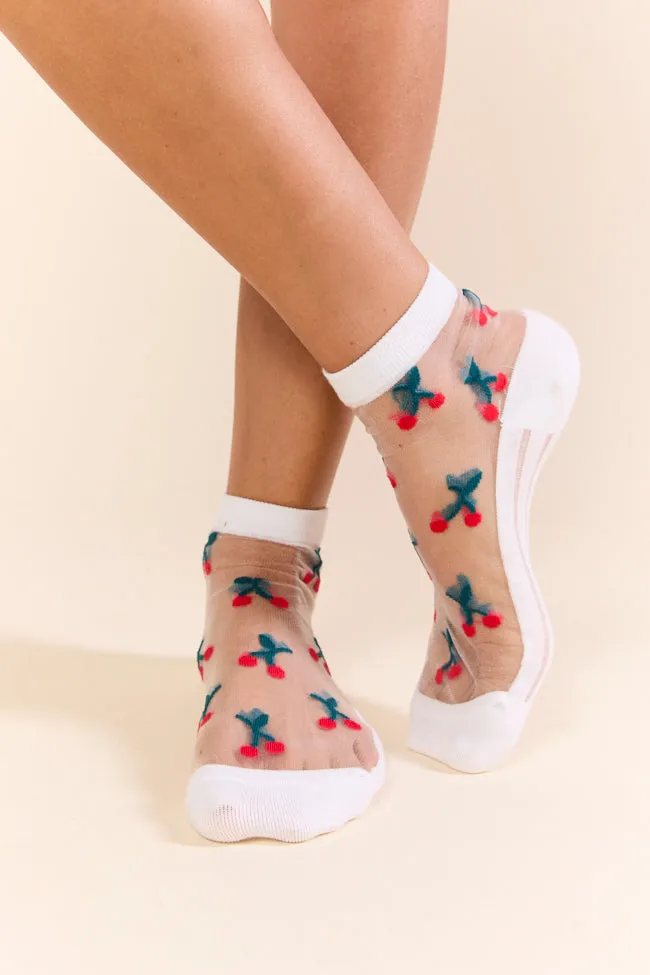 White Sheer Cherry Socks PINK LILY